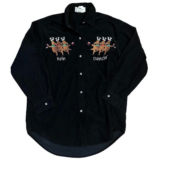 Vintage Tops - 90s Vtg Black Corduroy Christmas Embroidered Reindeer Rein Dancing Blouse S/M